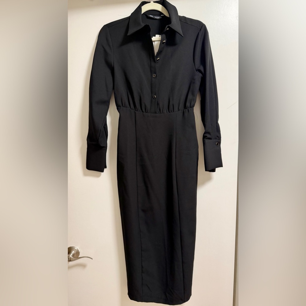 NWT-Zara Black Long Sleeve Midi Dress